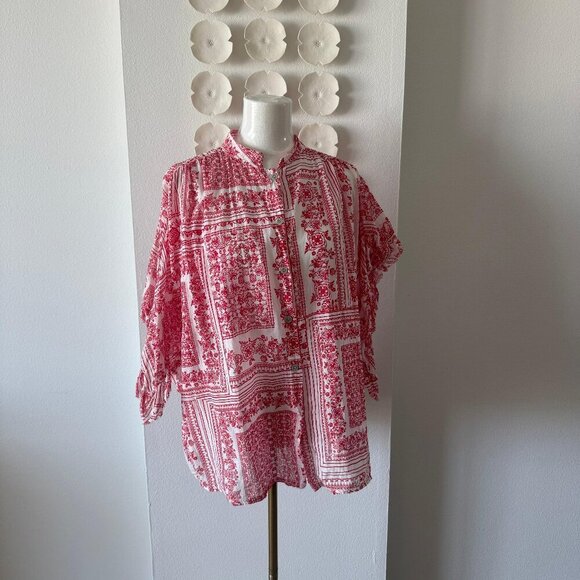 Tops - 🌸 Boho Red & White Greek Cotton Tunic – One Size (Light & Airy)